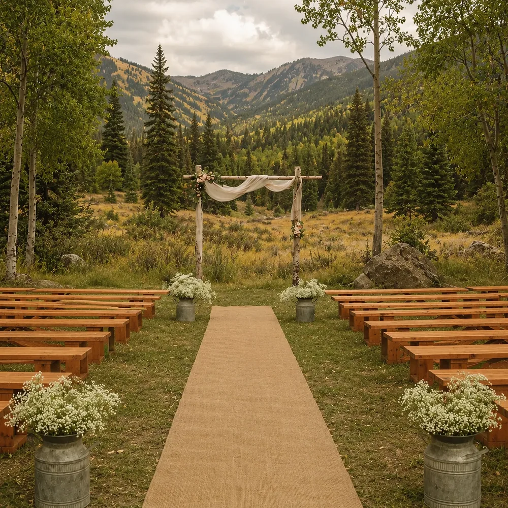 A natural burlap aisle runner laid down the ceremony aisle between wooden benches, leading to a birch arch