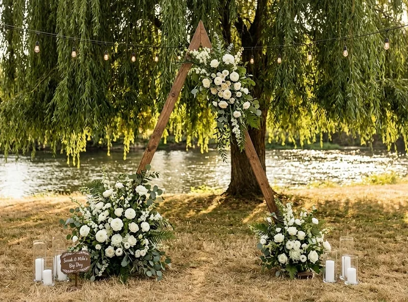 The Cedar Peak, a triangle A-frame cedar wedding arch rental in Denver