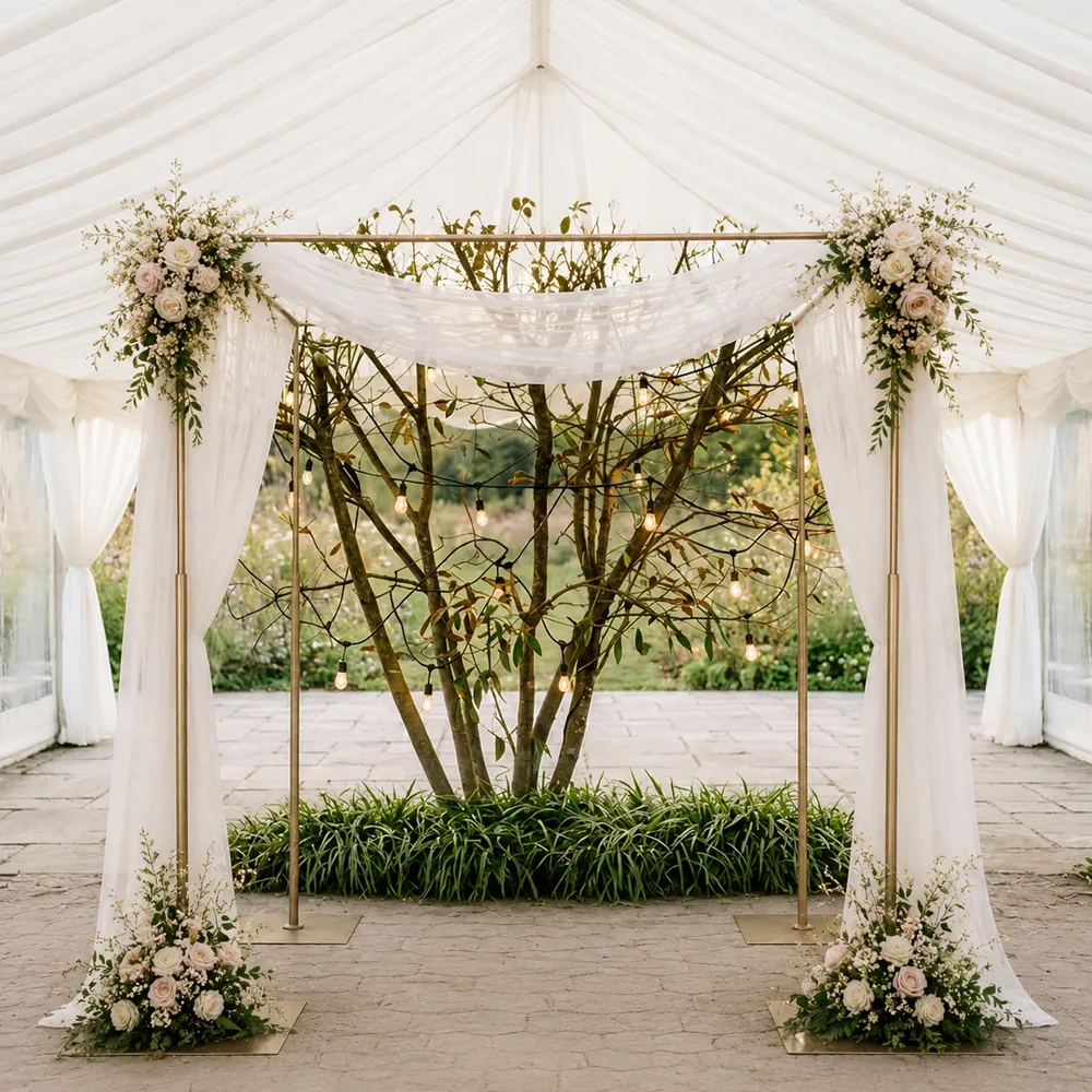 The Copper Canopy, a four-post copper-finished canopy frame with sheer white draping and blush rose clusters at the corners