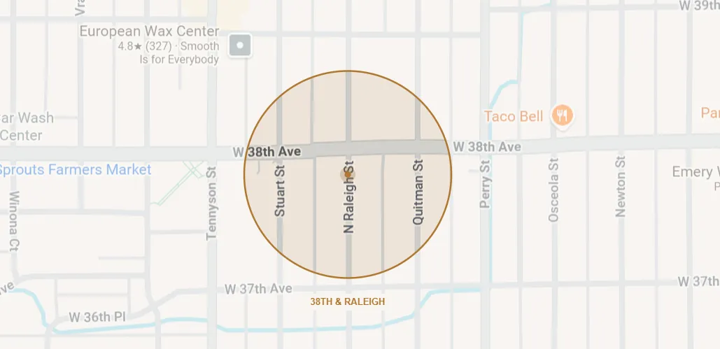 Map showing pickup location at 38th and Raleigh in Denver's West Highlands