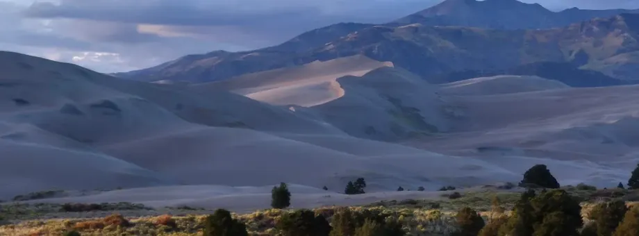 Great Sand Dunes beneath the Sangre de Cristo Mountains, golden grassland in the foreground
