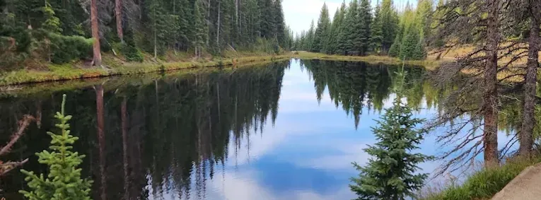 Still mountain lake reflecting pines and sky beside a dirt trail