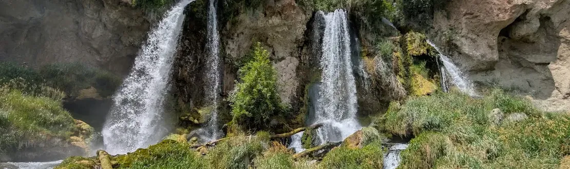 Rifle Falls pouring over a mossy travertine wall into a green, rushing creek