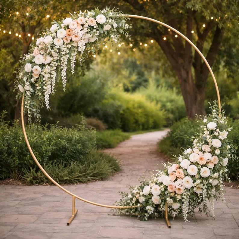 The Gold Circle, a round gold metal wedding arch rental in Denver