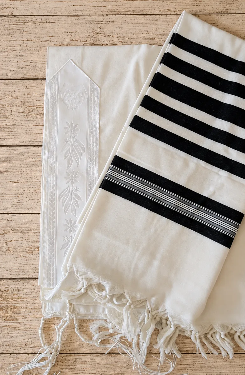 A woven black and white tallit draped over a wood chuppah frame